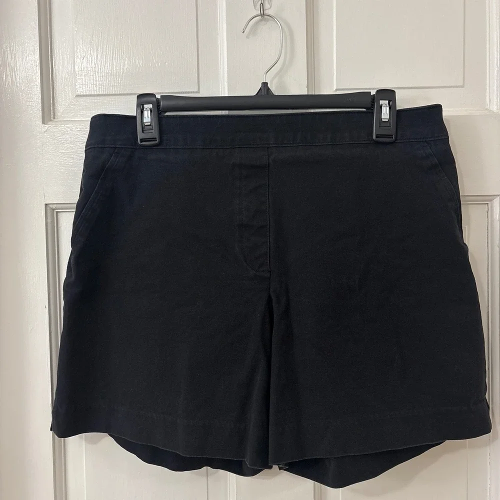 Spanx Stretch Twill Shorts  L Black Cotton Pull On Slimming Chic Classic
